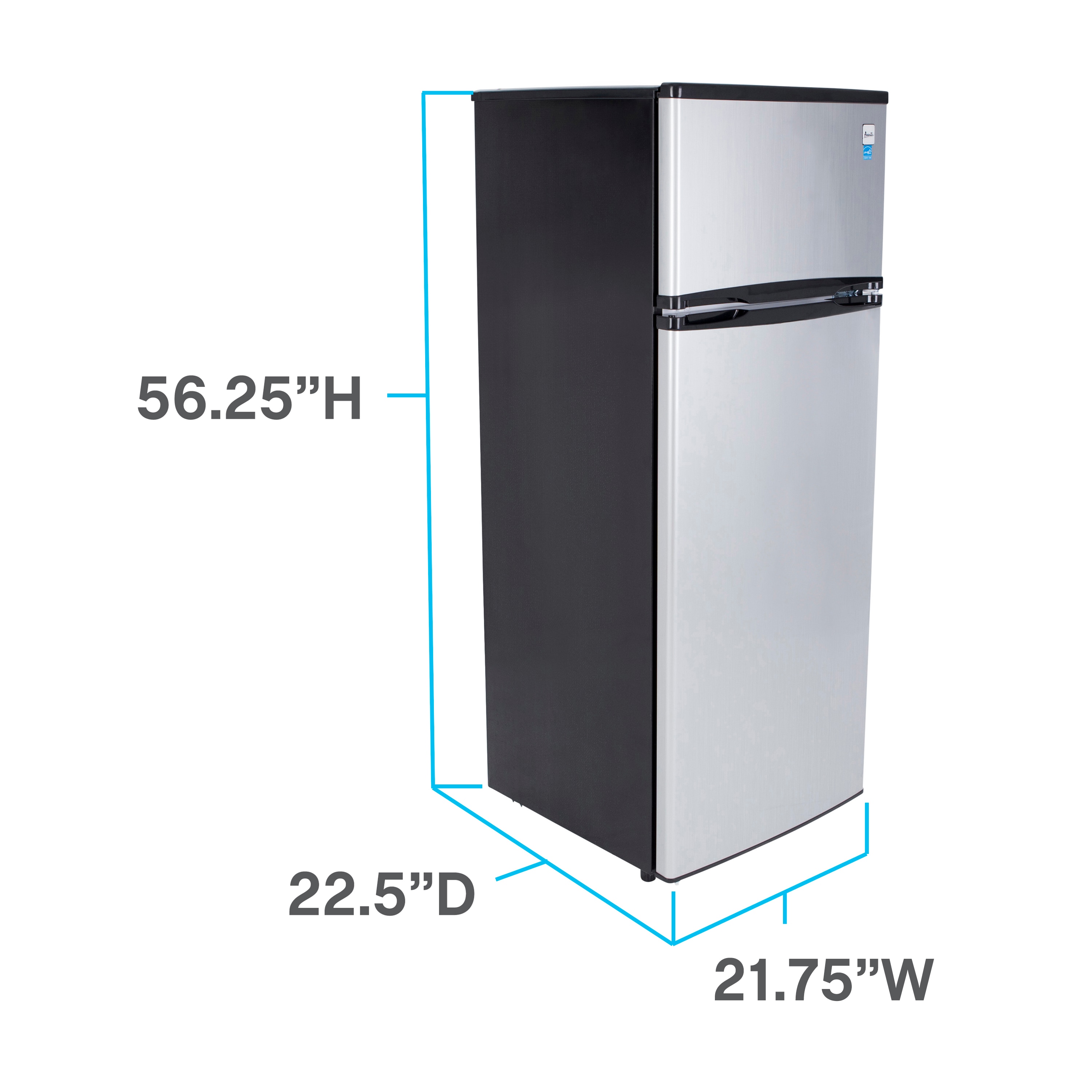 Avanti Refrigerator model RA733B3S, dimension measurements 56.25in. height, 22.5in. depth, 21.75in. width