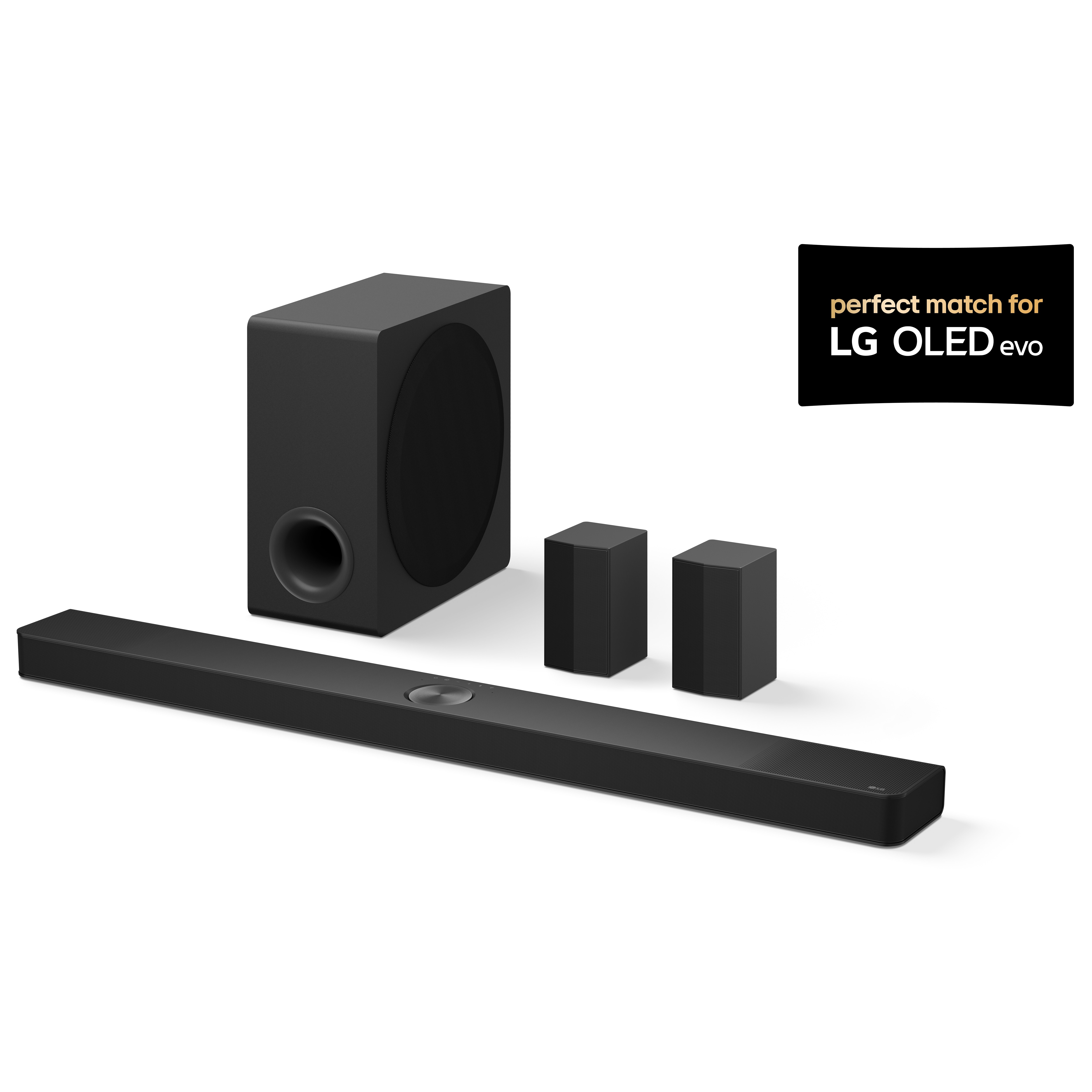 LG Soundbar model S90TR, left angled product image and perfect match for LG OLED evo badge