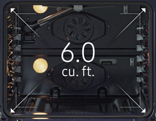 Top-down view of Samsung range main oven interior displaying 6.0 cubic feet capacity with diagonal arrows indicating dimensions and dual convection fans visible on back wall.