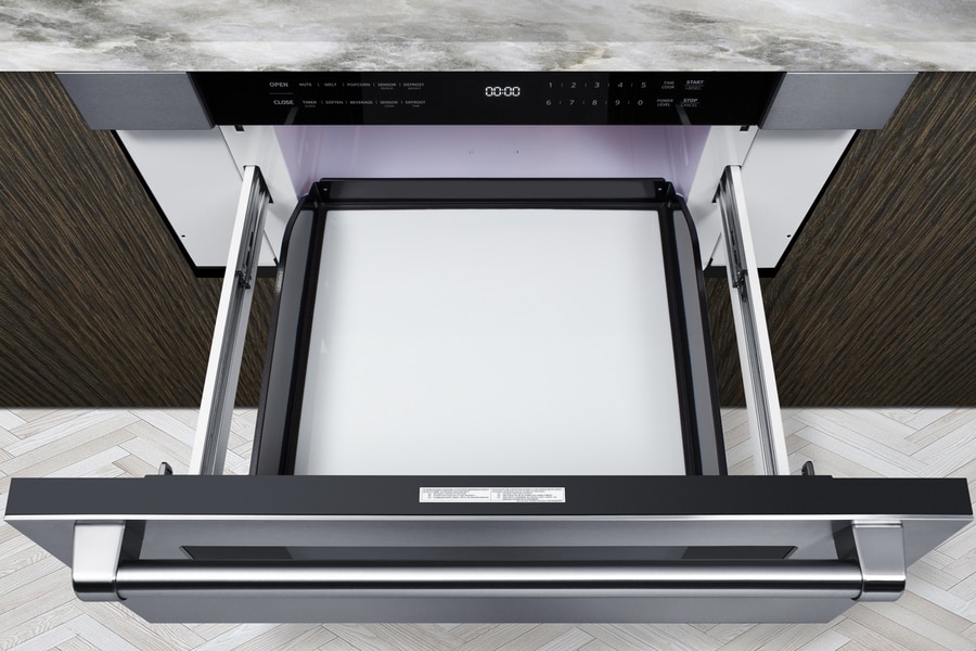 Summit Built-In Microwave drawer model MDR30SS, shown in kitchen with a top view of the drawer pulled out exposing full interior