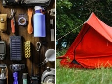 Split image of disaster supplies on the left and a tent on the right