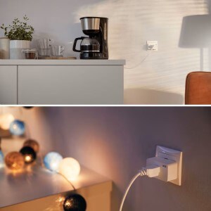 Split image showing a coffee machine and a string of lights plugged into a smart plug