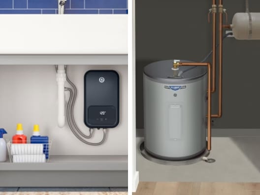 A side by side image of a tankless and tank water heater.