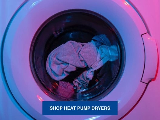 A dryer tumbling clothes in blue and pink lighting, with a