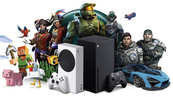 Characters from various games standing behind Xbox Series X and Series S consoles