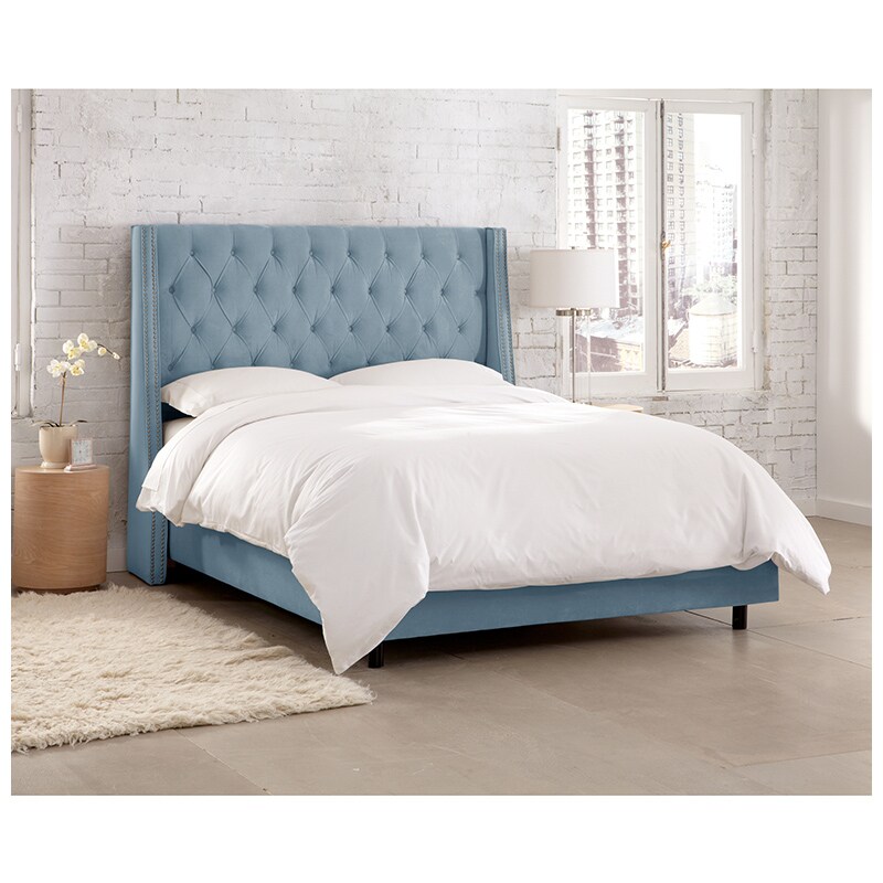 Skyline Queen Nail Button Tufted Wingback Bed In Velvet - Ocean | P.C ...