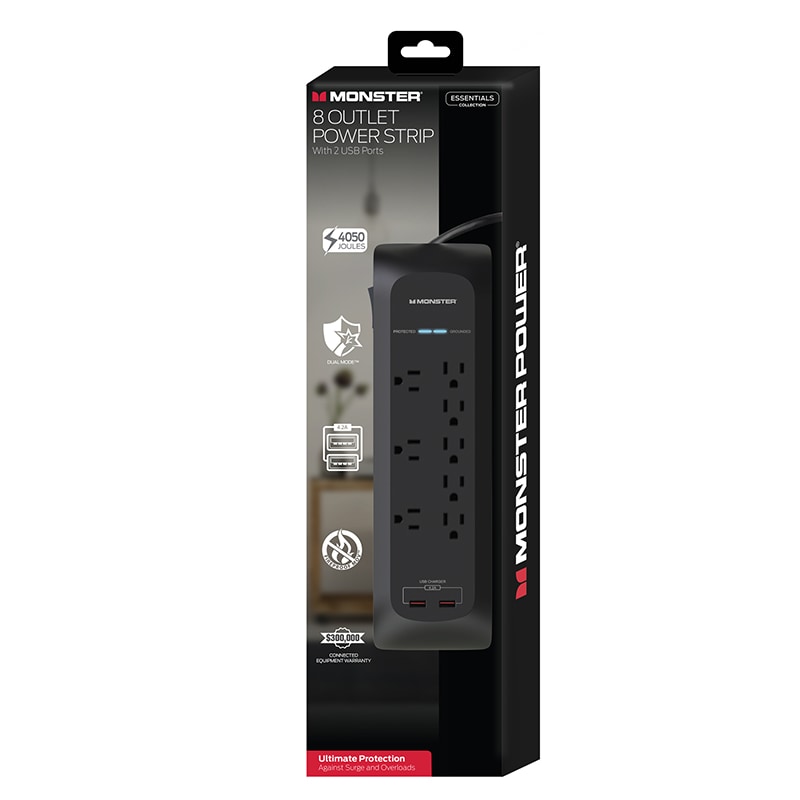 Monster Power 8-Outlet Surge Protector with 2 4.2 Amp USB Ports (MWS1-1006-US)