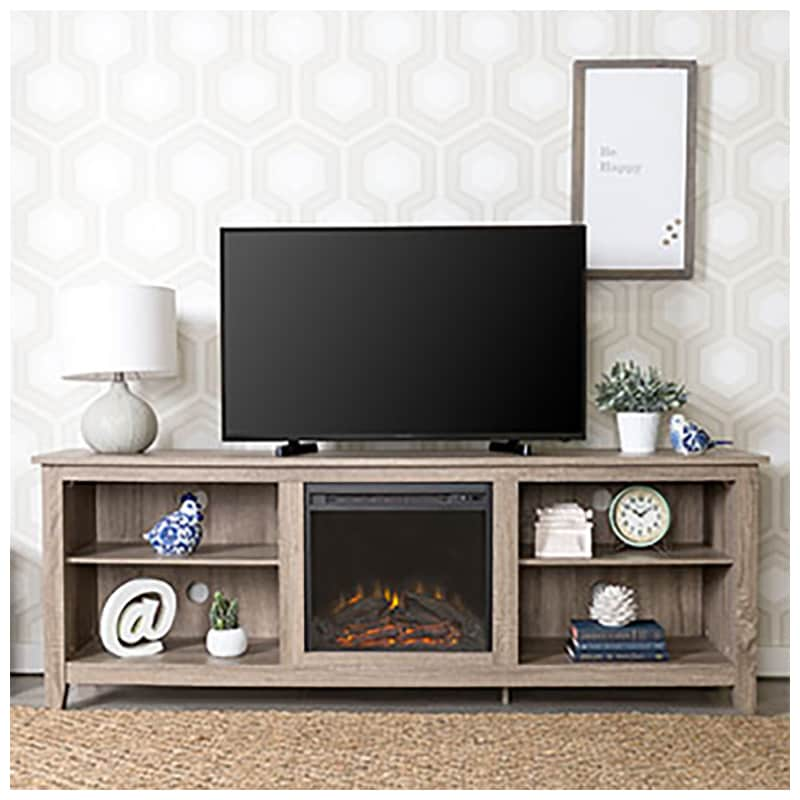 Walker Edison 70" Wood Media TV Stand Console with Fireplace - Driftwood (RL70FP18AG)