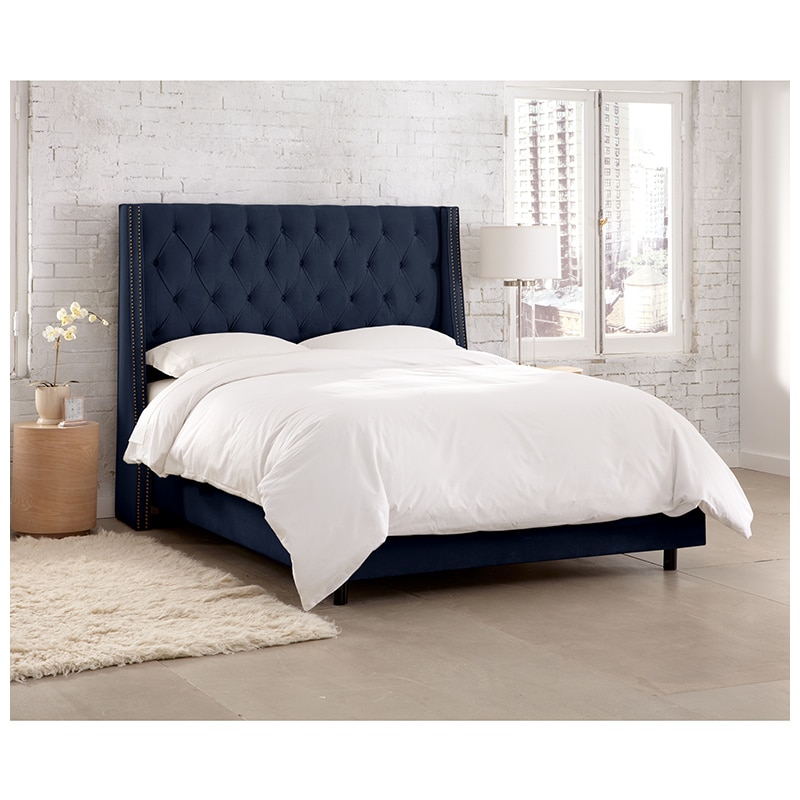 Skyline Twin Nail Button Tufted Wingback Bed in Velvet - Ink | P.C ...