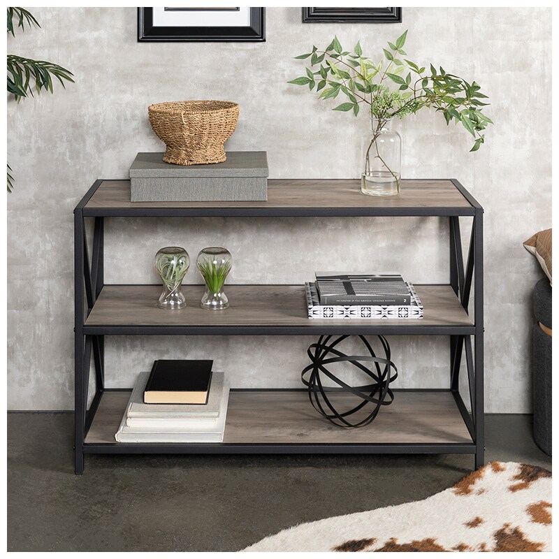 Walker Edison 40" Industrial Metal and Wood Media Bookcase - Grey Wash (RLS40XMWGW)