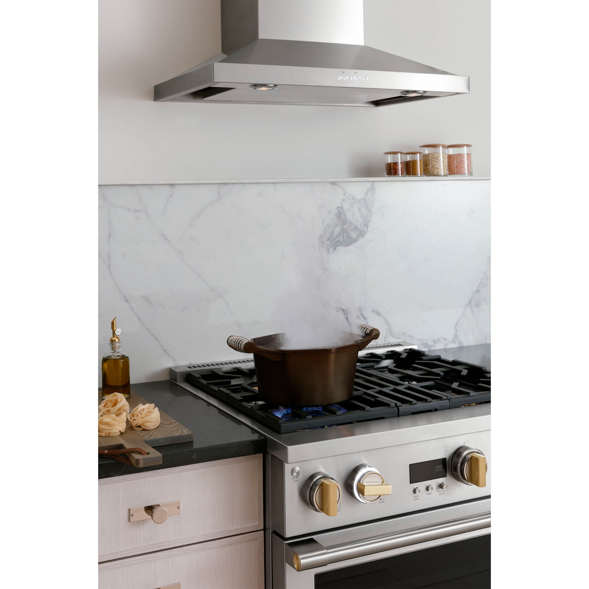 Monogram 30 in. Chimney Style Range Hood with 4 Speed Settings, 500 CFM ...