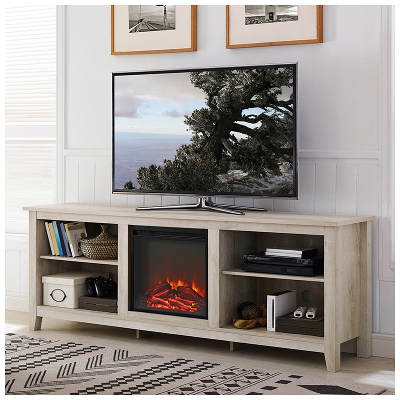 Walker Edison 70" Wood Media TV Stand Console with Fireplace - White Oak (RL70FP18WO)