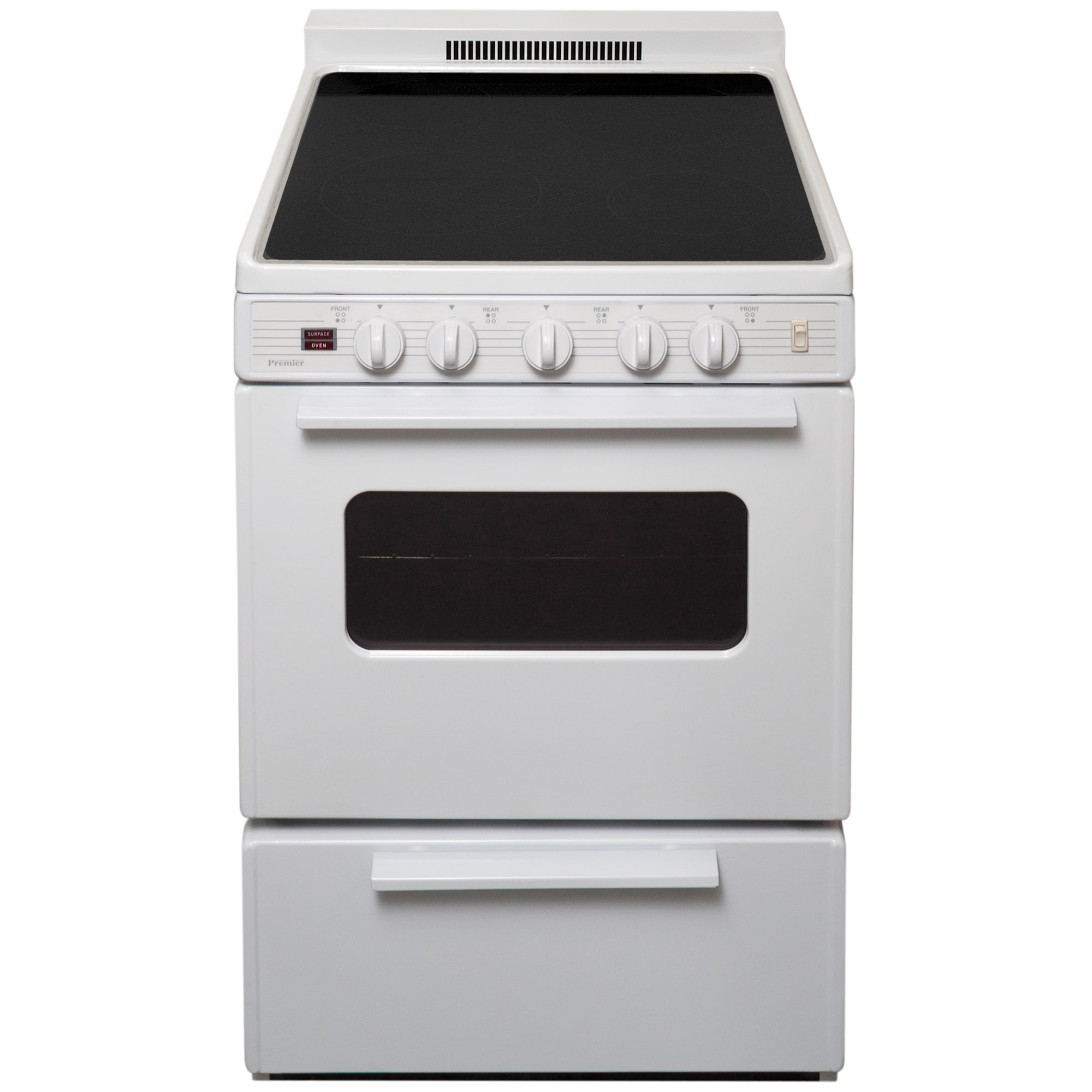 Premier 24" Freestanding Electric Range with 4 Smoothtop Burners, 3.0 Cu. Ft. Single Oven & Storage Drawer - White (ECS2X0OP)