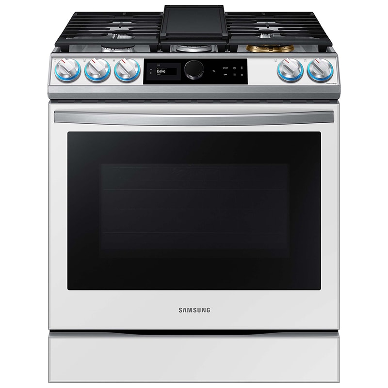 Samsung 30" Slide-In Gas Range with 5 Sealed Burners, Griddle, 6.0 Cu. Ft. Single Oven, Air Fry & Storage Drawer - White Glass (NX60BB871112)